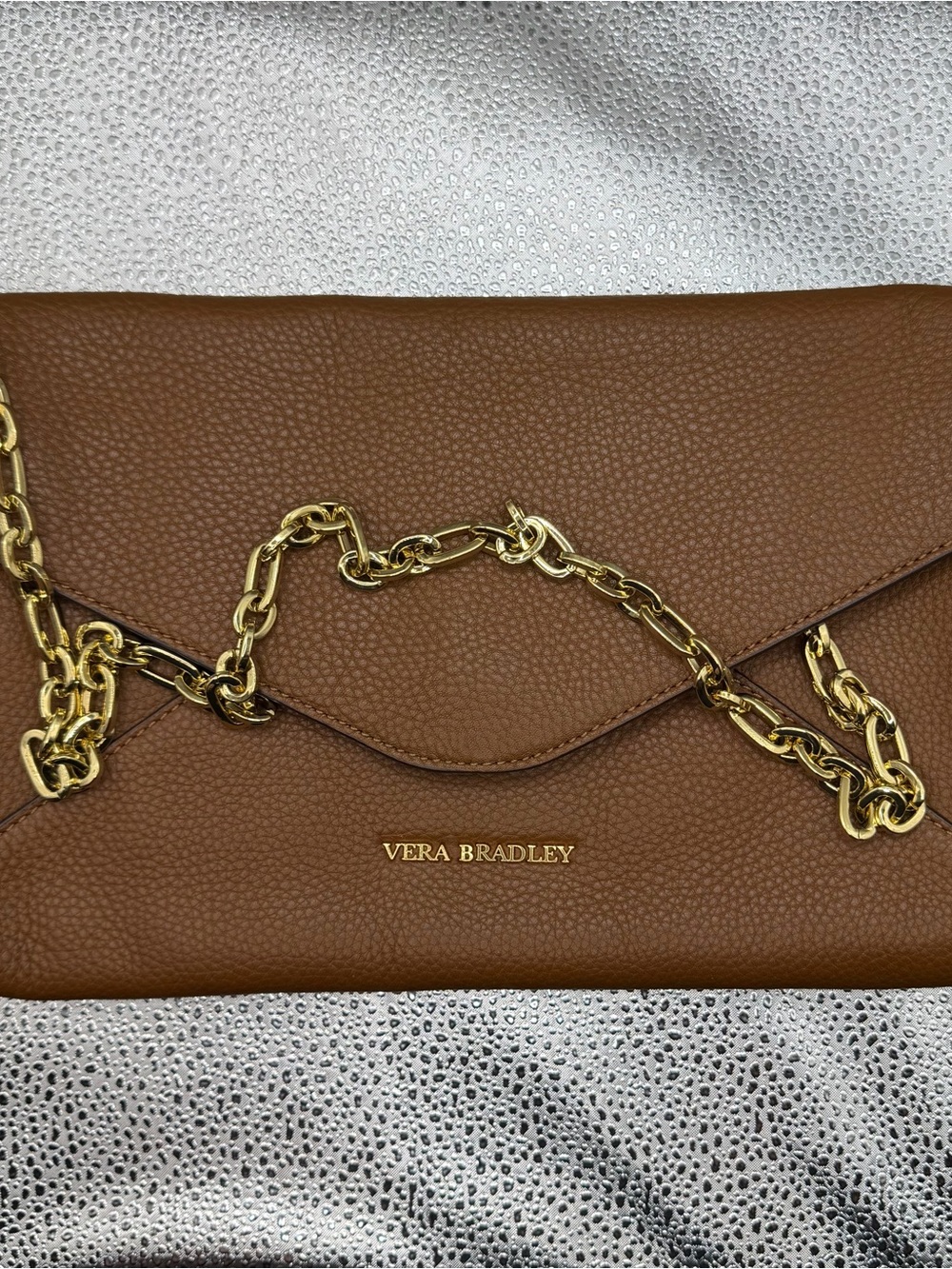 Vera Bradley Brown Pebbled Leather Envelope Clutch with Gold Chain
